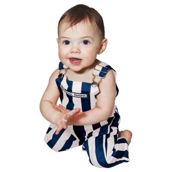toddler wearing navy and white striped bib overalls